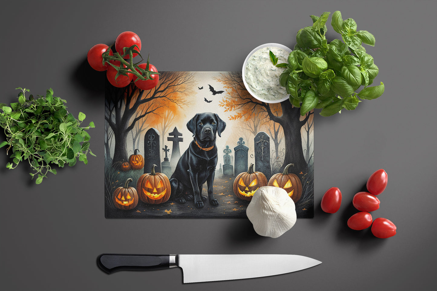 Black Labrador Retriever Spooky Halloween Glass Cutting Board