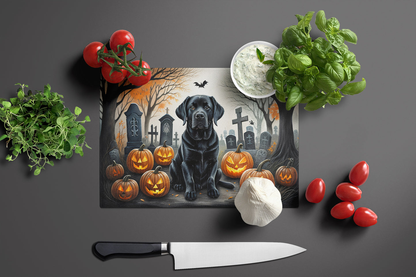 Black Labrador Retriever Spooky Halloween Glass Cutting Board