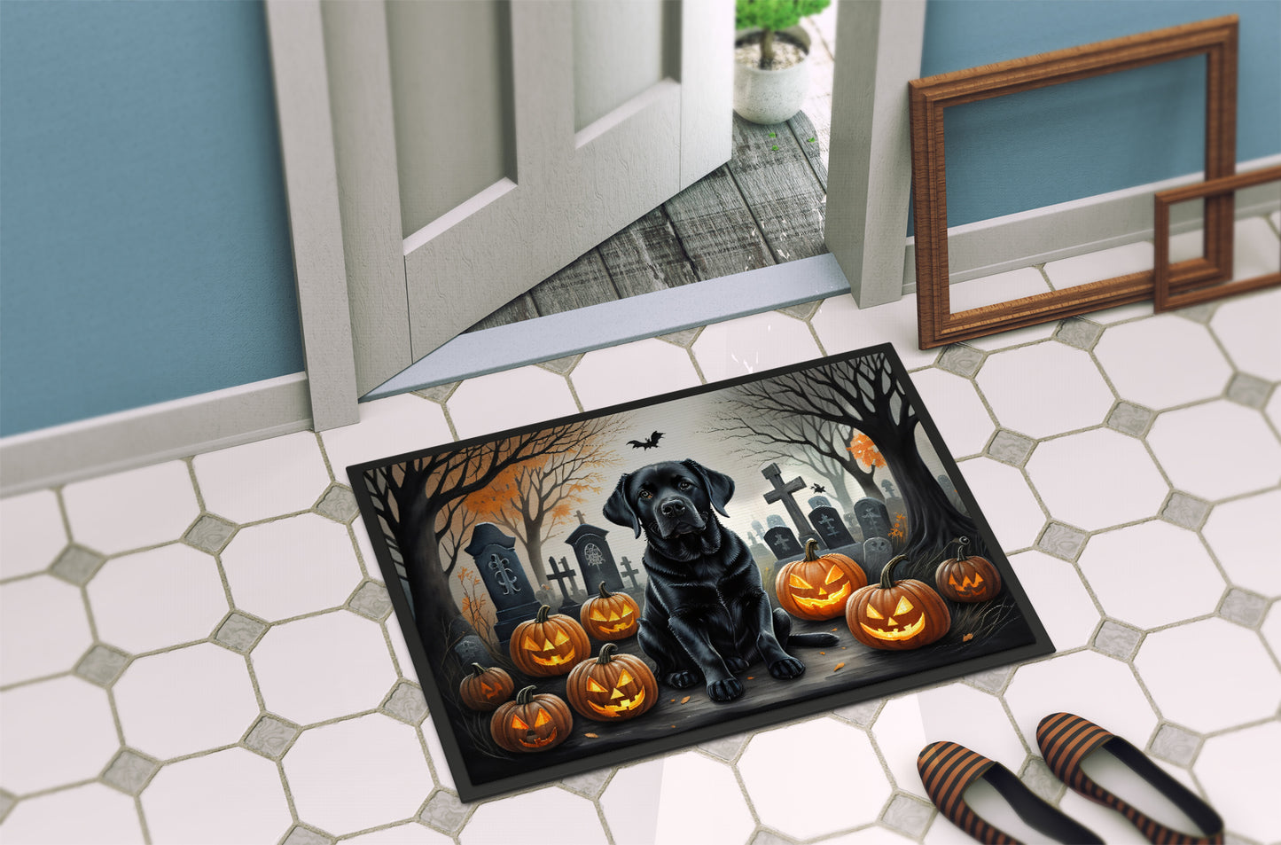 Black Labrador Retriever Spooky Halloween Doormat