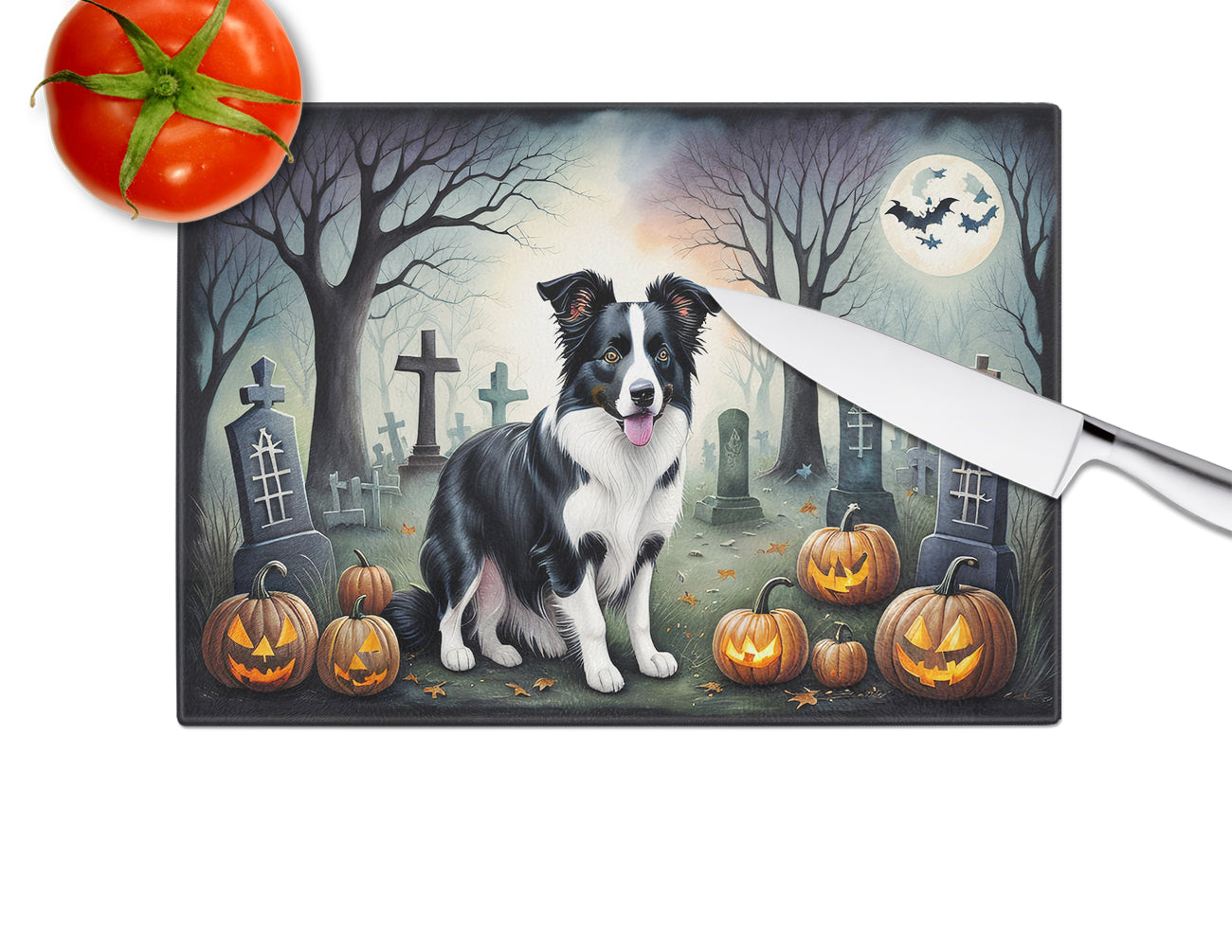 Border Collie Spooky Halloween Glass Cutting Board