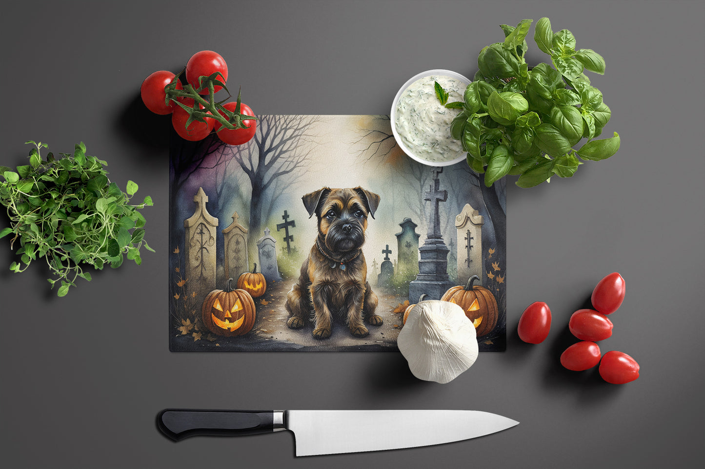 Border Terrier Spooky Halloween Glass Cutting Board