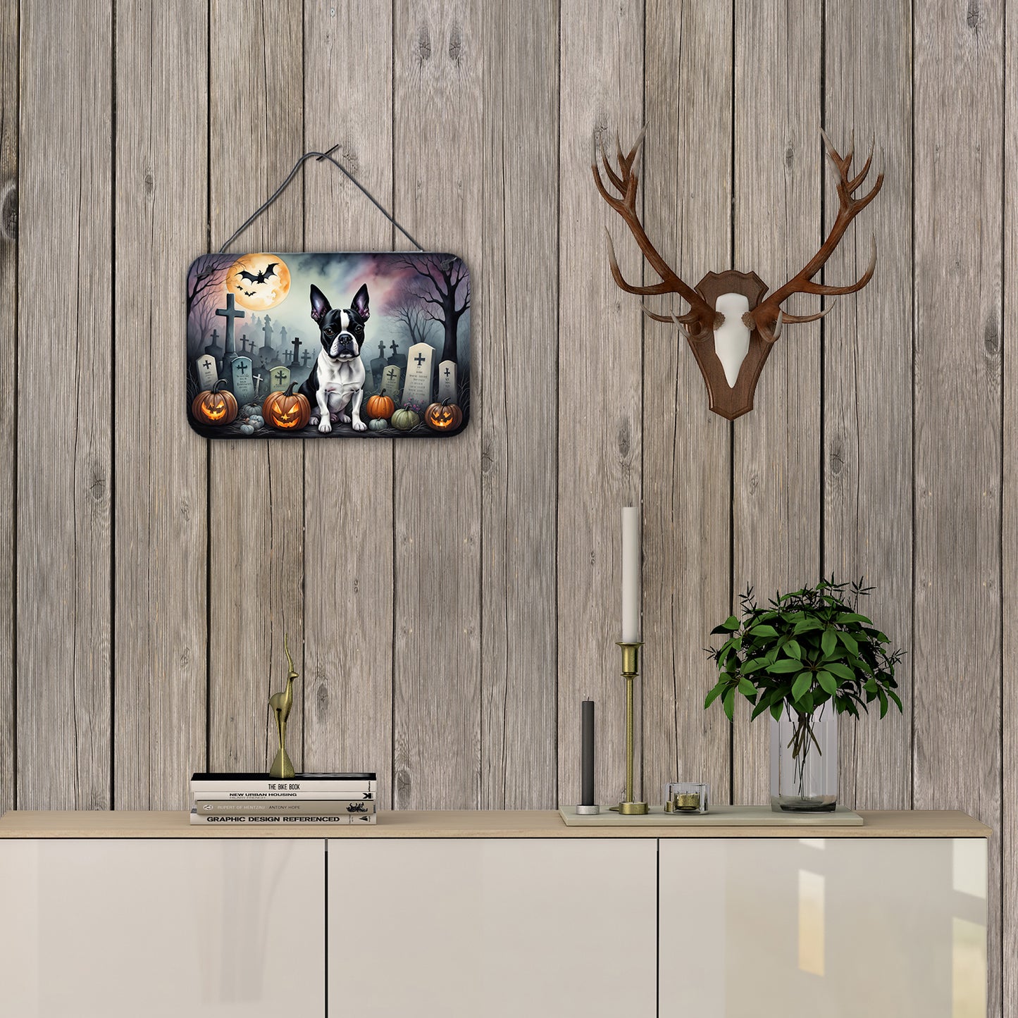 Boston Terrier Spooky Halloween Wall or Door Hanging Prints