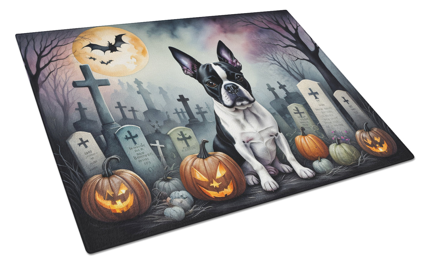 Buy this Boston Terrier Spooky Halloween Glass Cutting Board