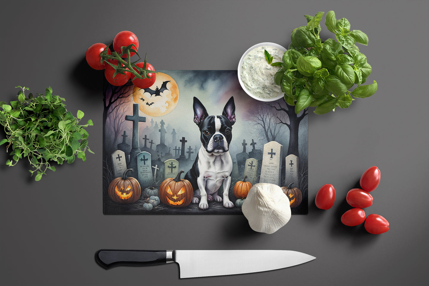 Boston Terrier Spooky Halloween Glass Cutting Board