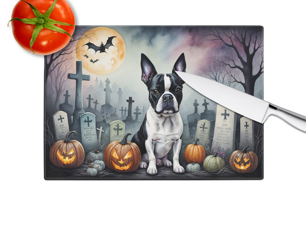 Boston Terrier Spooky Halloween Glass Cutting Board