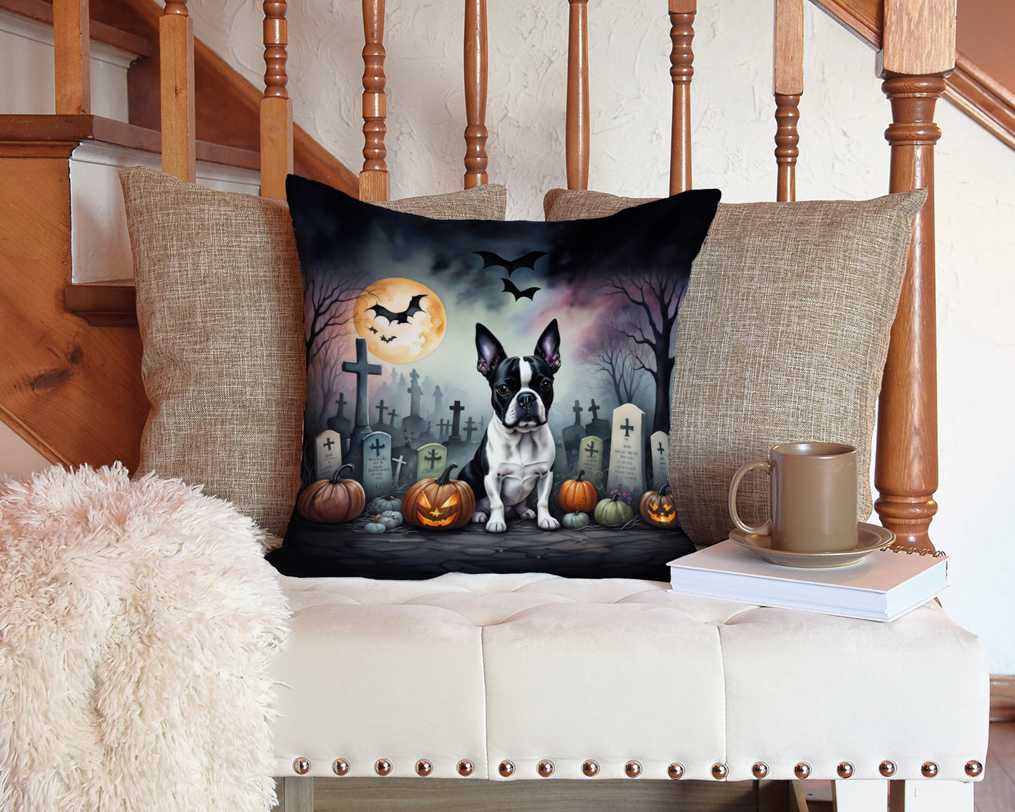 Boston Terrier Spooky Halloween Throw Pillow