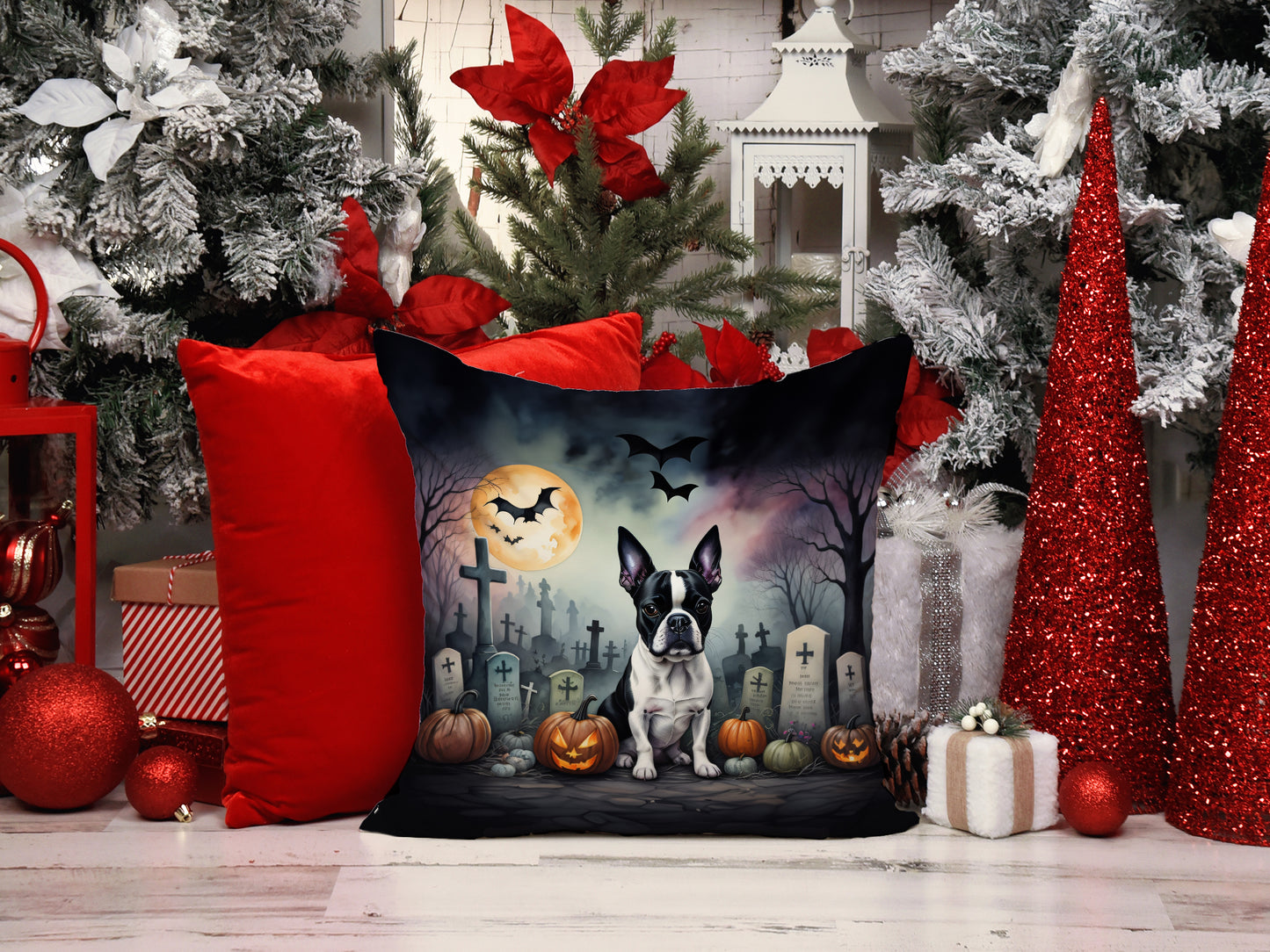 Boston Terrier Spooky Halloween Throw Pillow