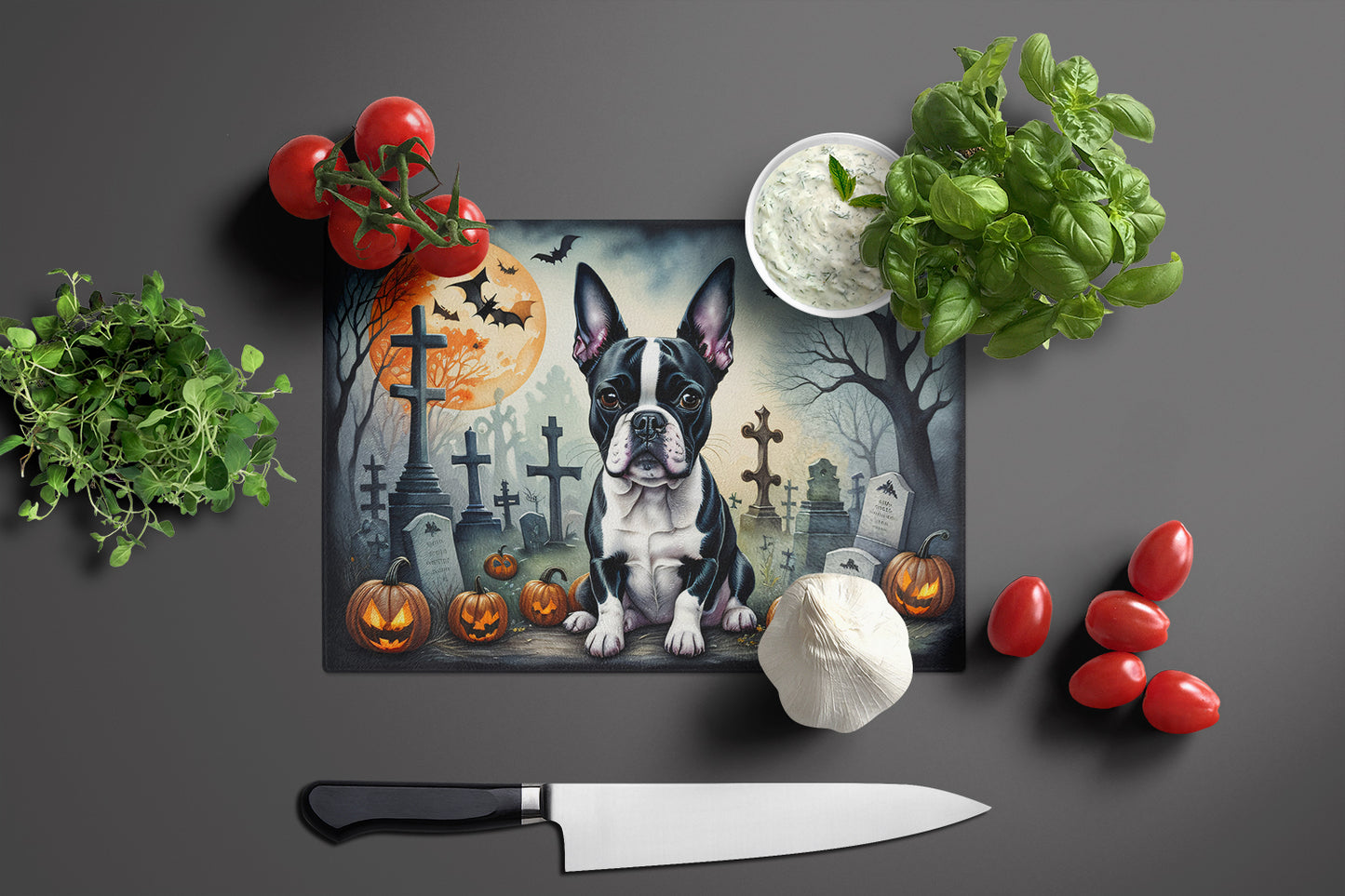 Boston Terrier Spooky Halloween Glass Cutting Board