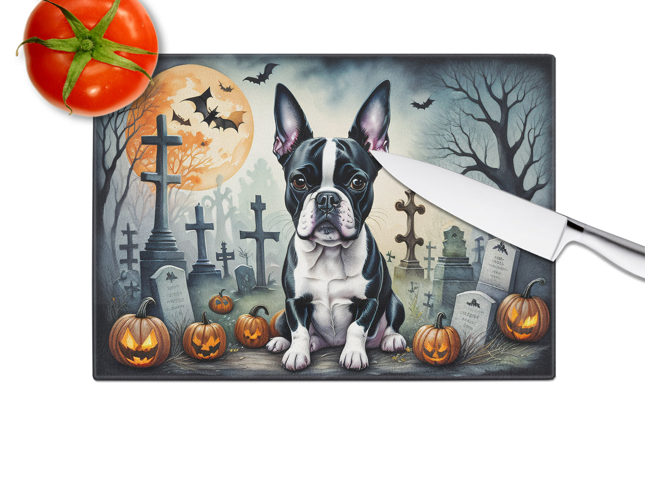 Boston Terrier Spooky Halloween Glass Cutting Board