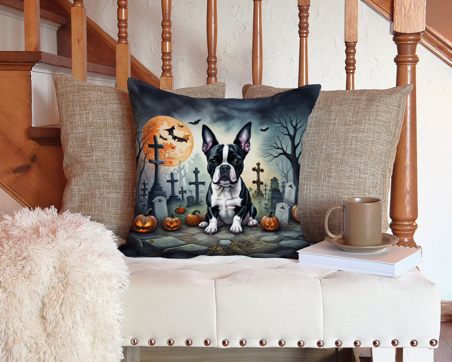 Boston Terrier Spooky Halloween Throw Pillow