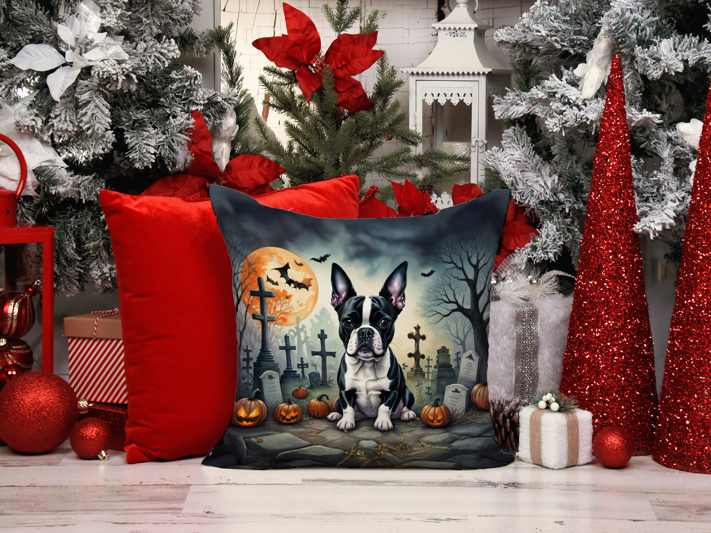 Boston Terrier Spooky Halloween Throw Pillow