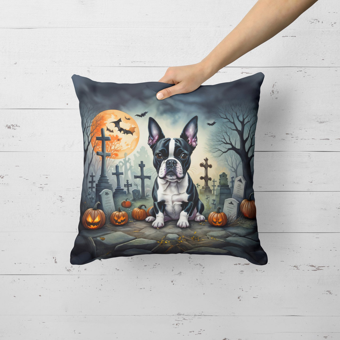 Boston Terrier Spooky Halloween Throw Pillow