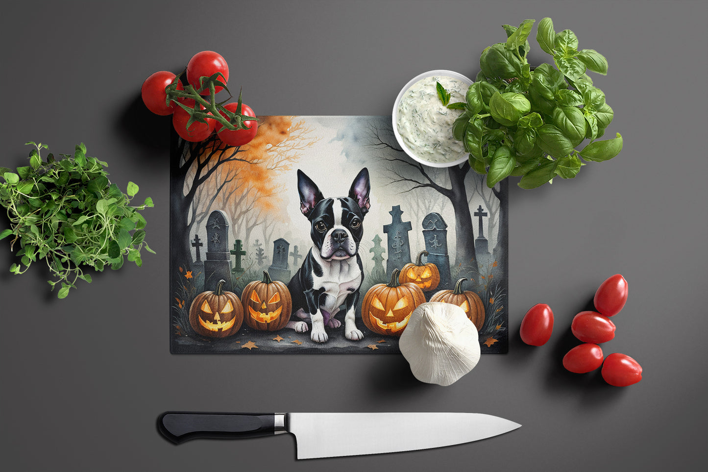 Boston Terrier Spooky Halloween Glass Cutting Board