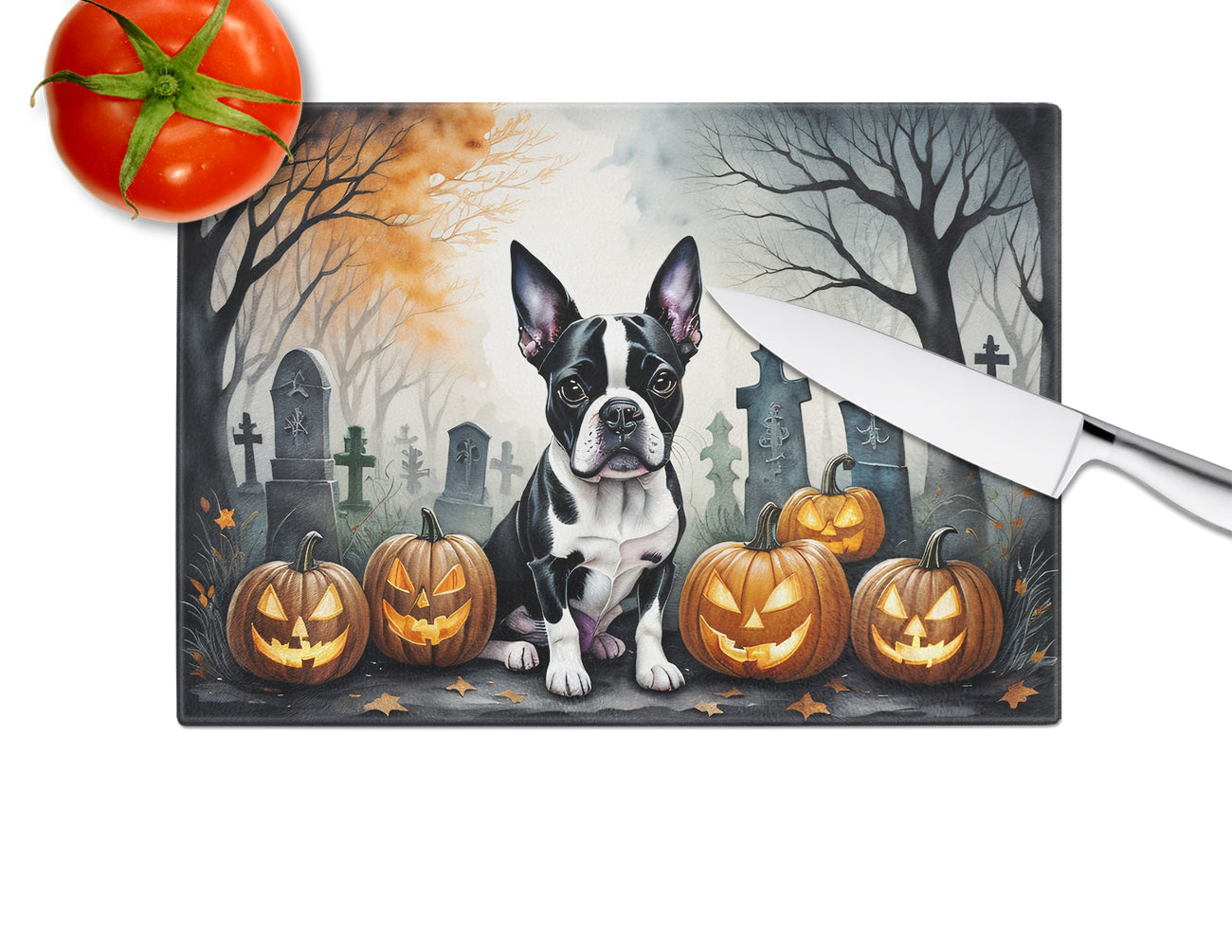 Boston Terrier Spooky Halloween Glass Cutting Board