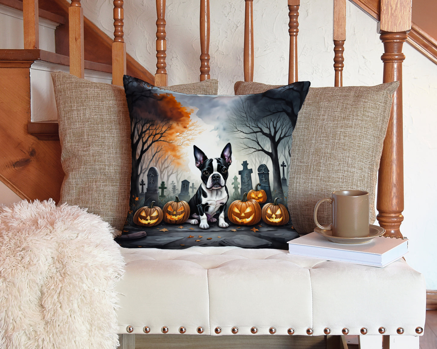 Boston Terrier Spooky Halloween Throw Pillow