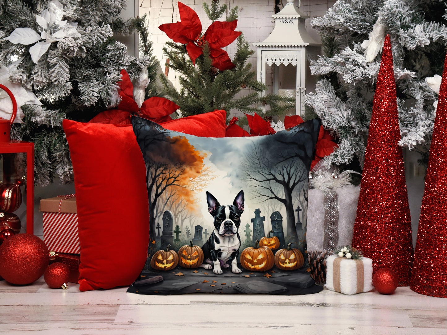 Boston Terrier Spooky Halloween Throw Pillow