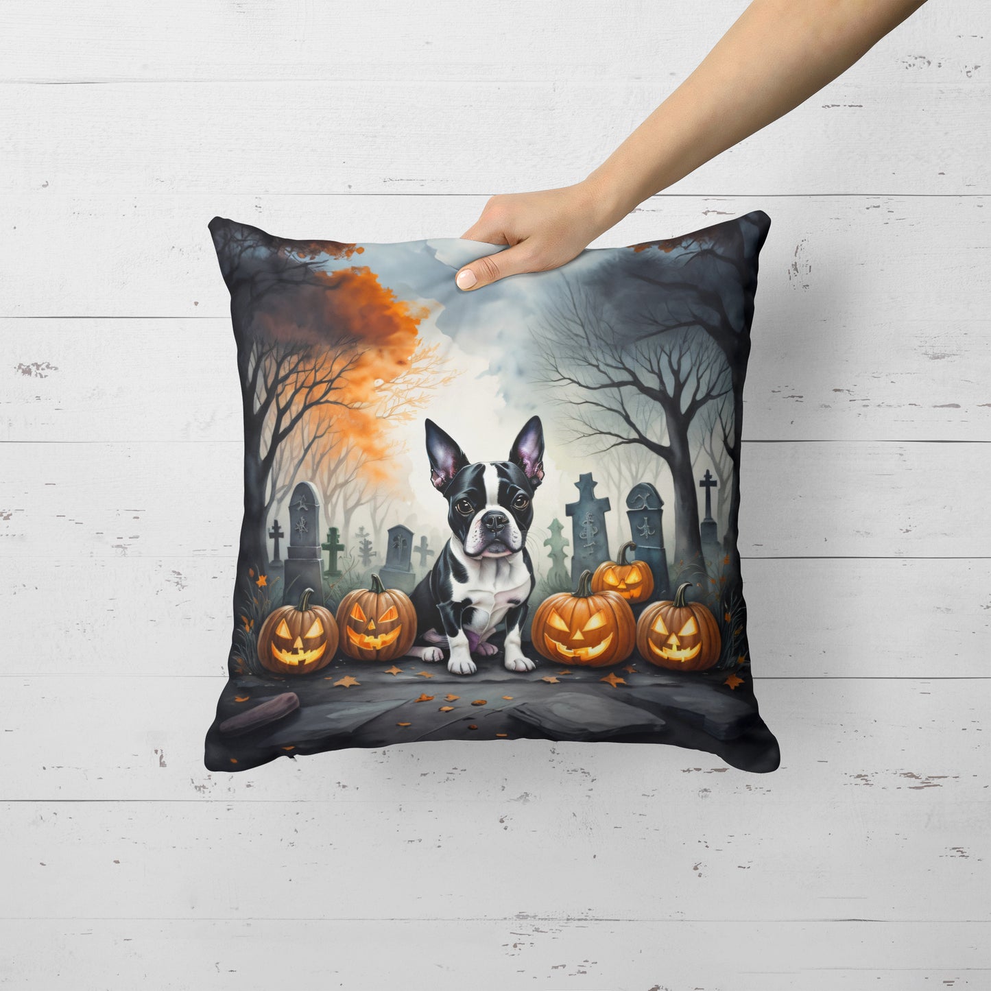 Boston Terrier Spooky Halloween Throw Pillow