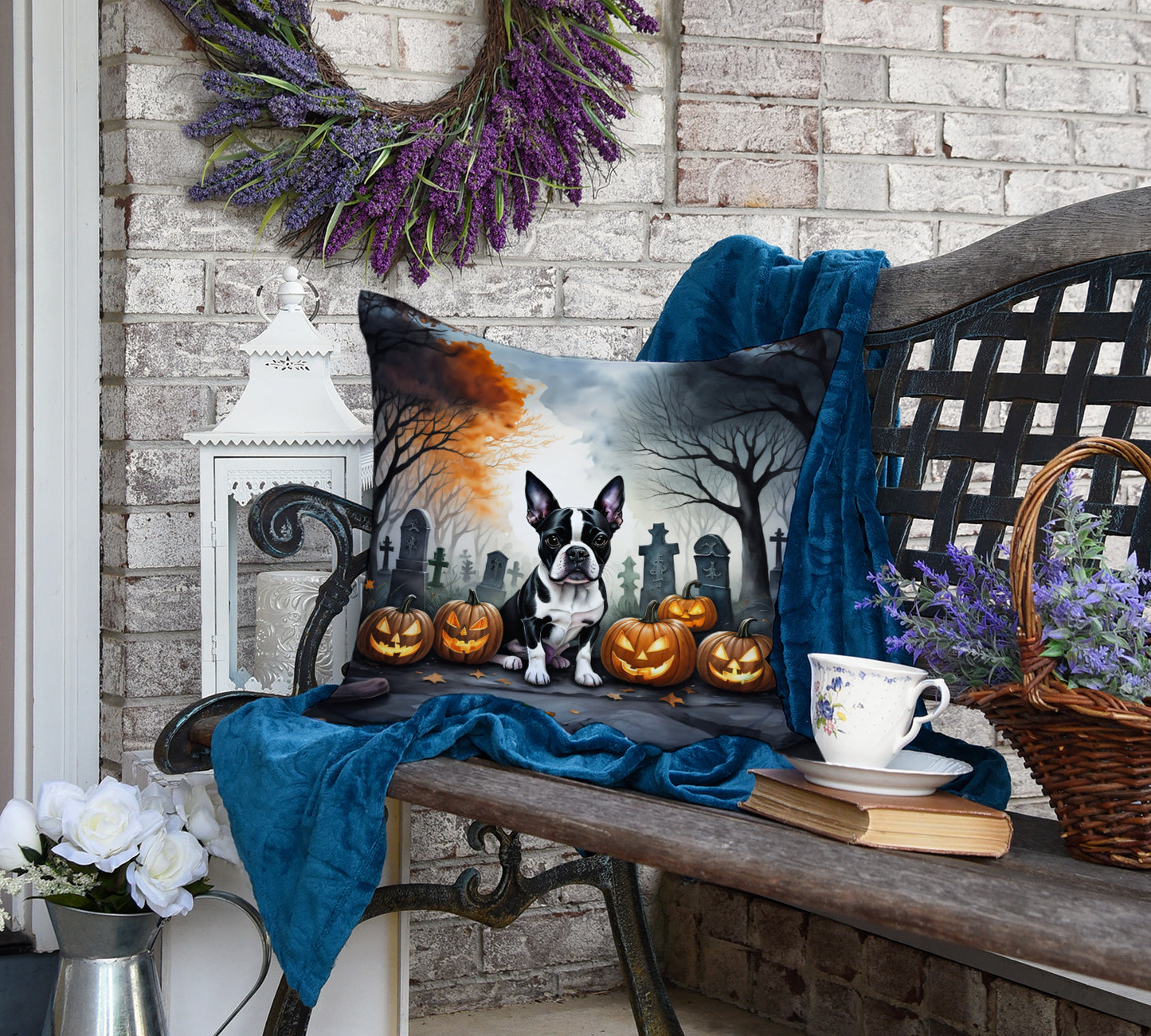 Boston Terrier Spooky Halloween Throw Pillow