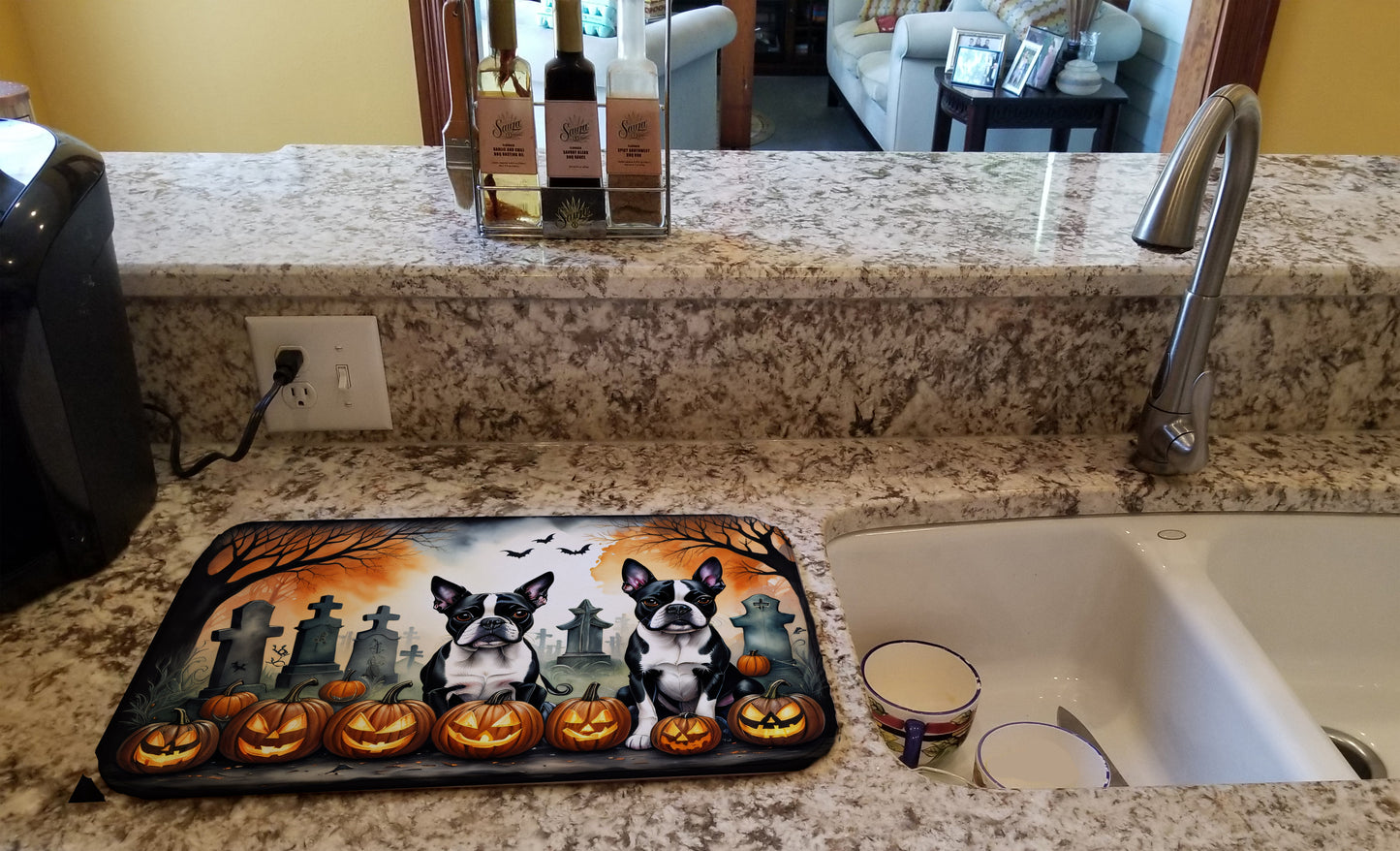 Boston Terrier Spooky Halloween Dish Drying Mat