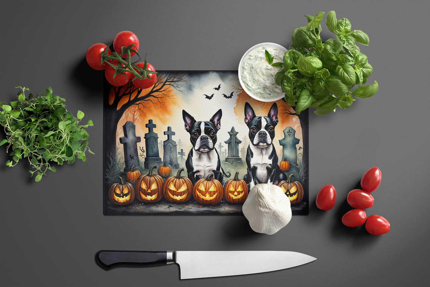 Boston Terrier Spooky Halloween Glass Cutting Board