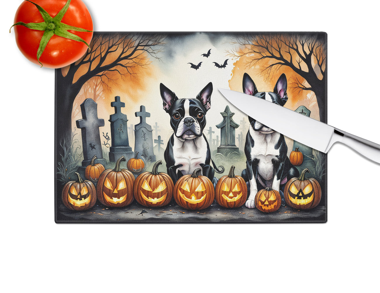 Boston Terrier Spooky Halloween Glass Cutting Board