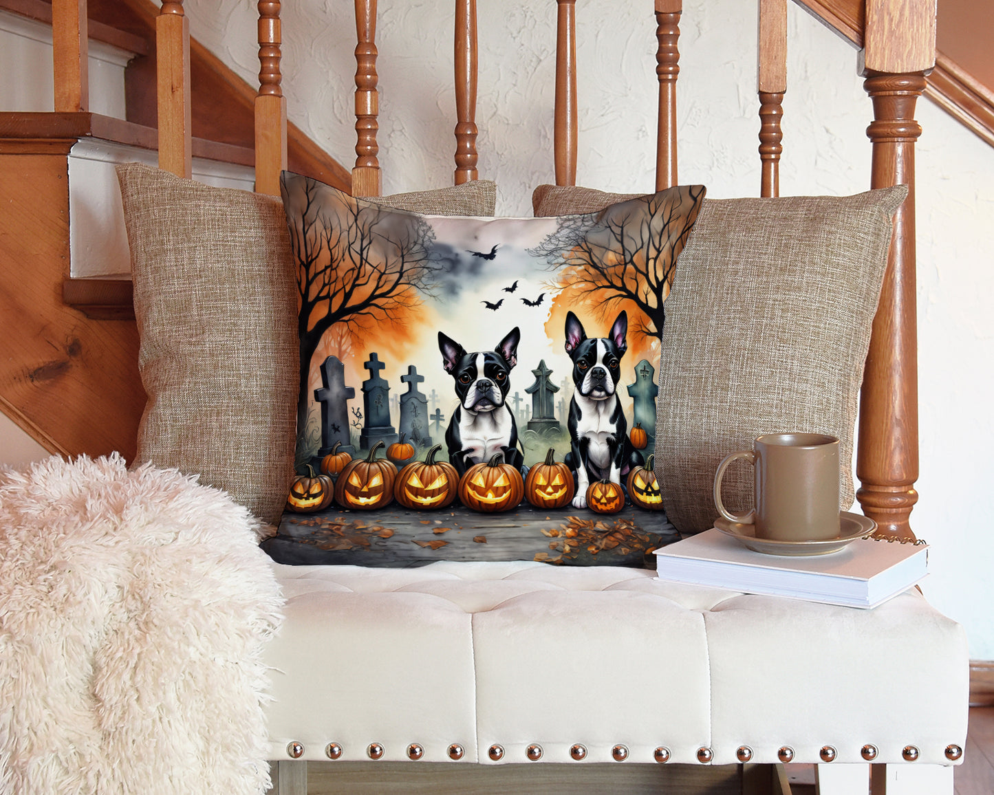 Boston Terrier Spooky Halloween Throw Pillow