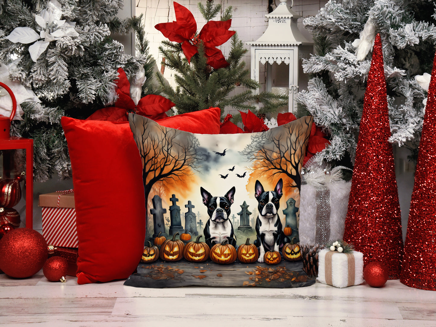 Boston Terrier Spooky Halloween Throw Pillow