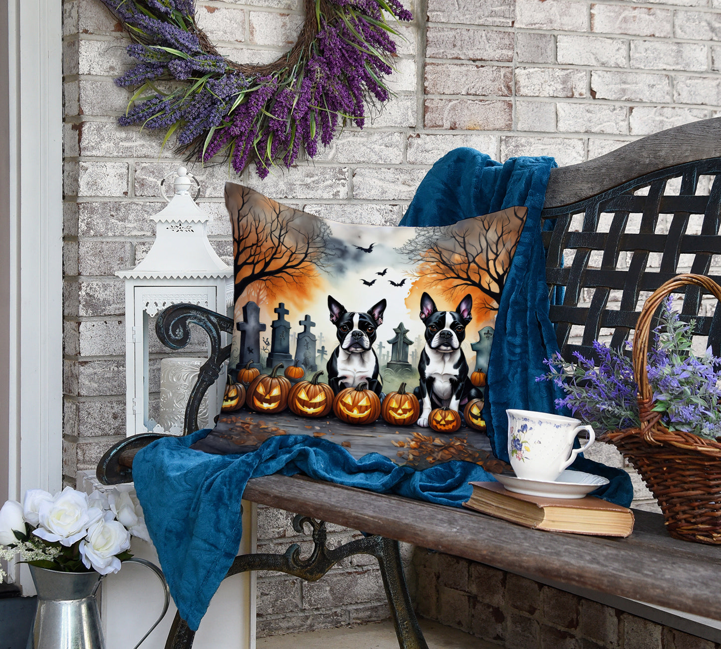 Boston Terrier Spooky Halloween Throw Pillow