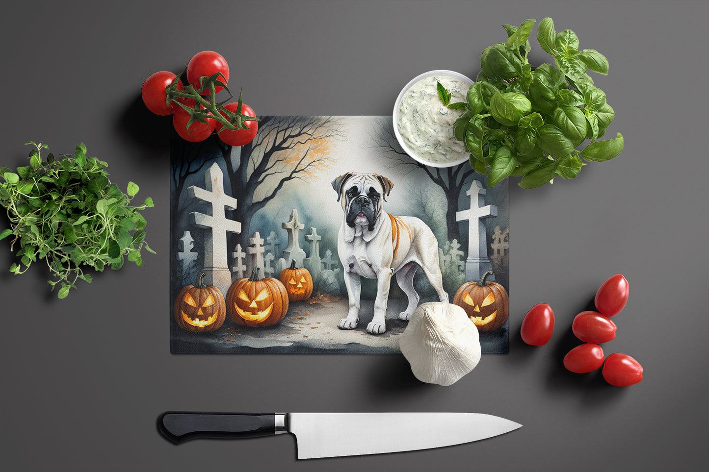 Boxer Spooky Halloween Glass Cutting Board