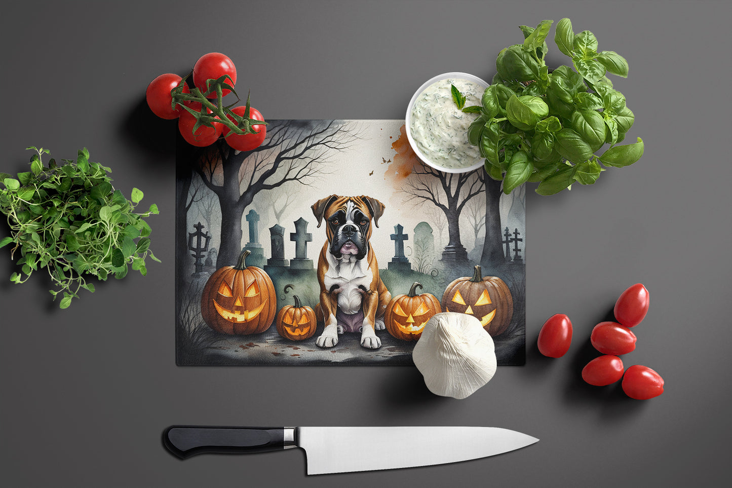 Boxer Spooky Halloween Glass Cutting Board