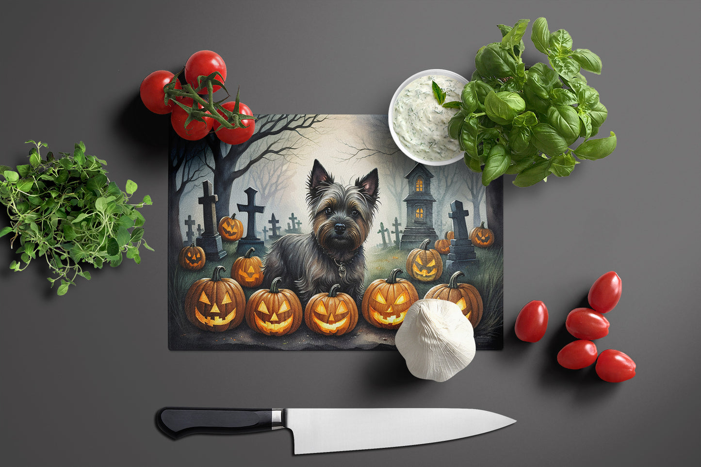 Cairn Terrier Spooky Halloween Glass Cutting Board