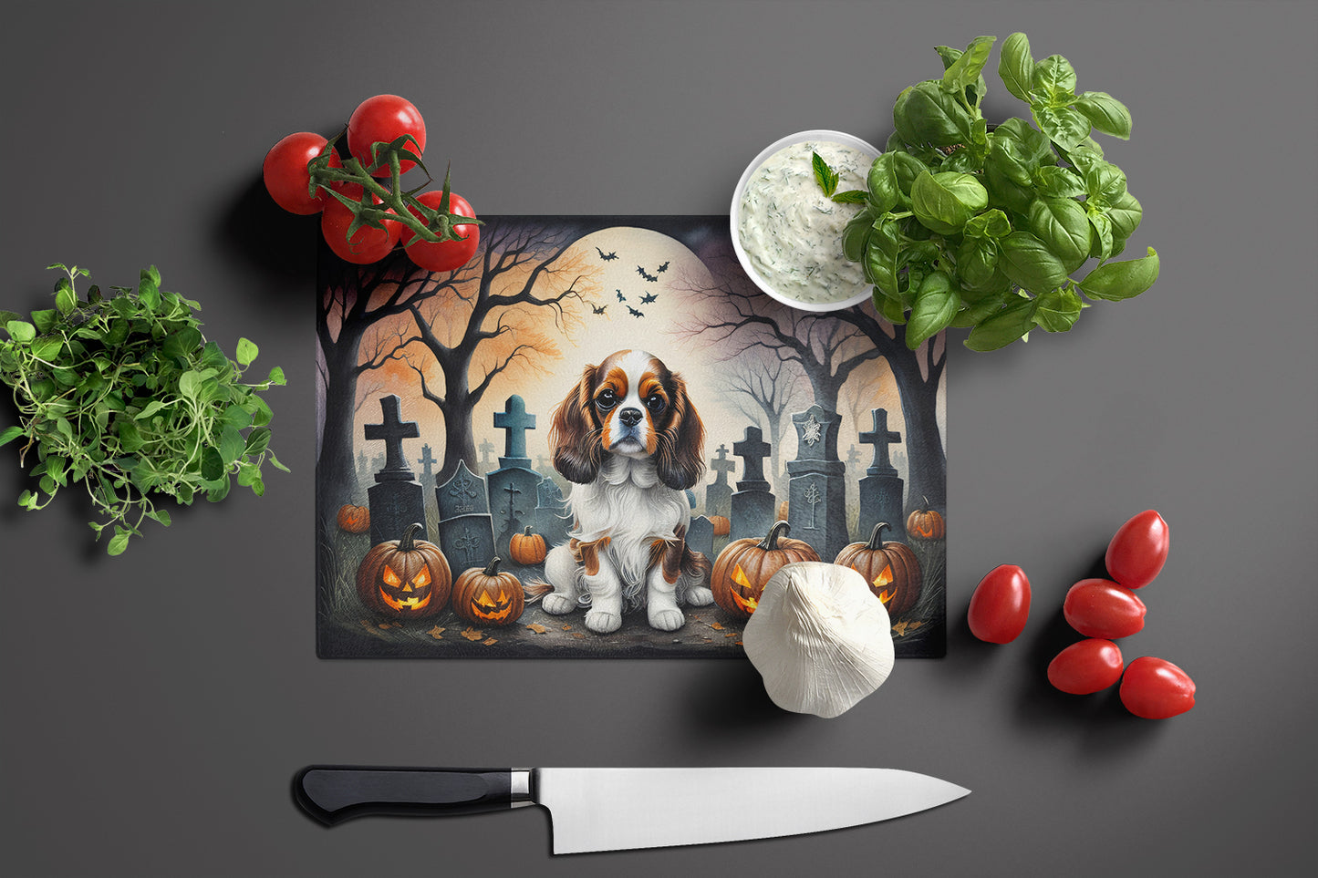 Cavalier Spaniel Spooky Halloween Glass Cutting Board