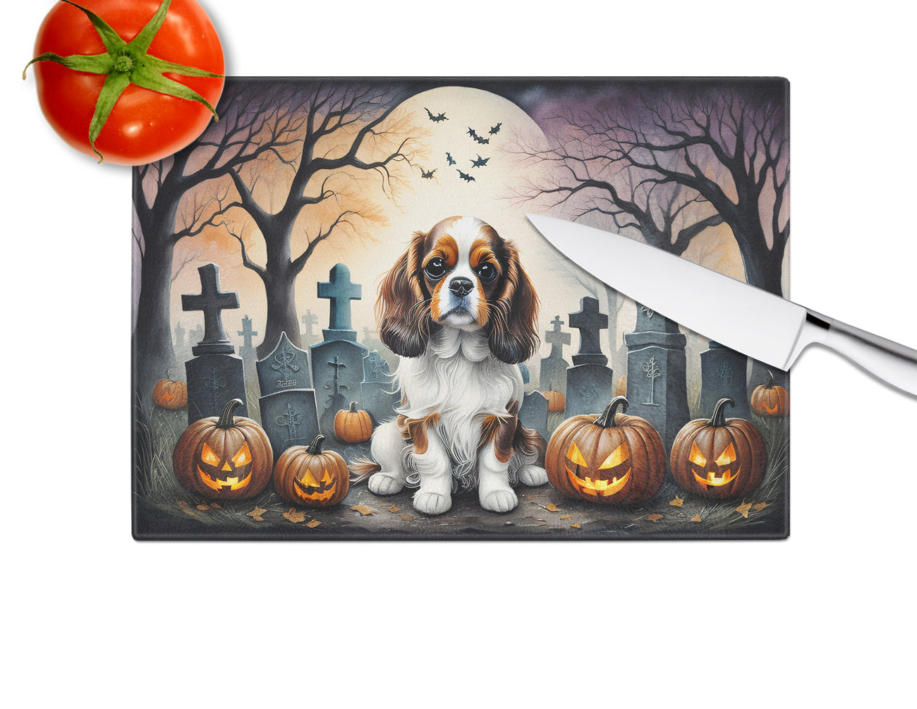 Cavalier Spaniel Spooky Halloween Glass Cutting Board