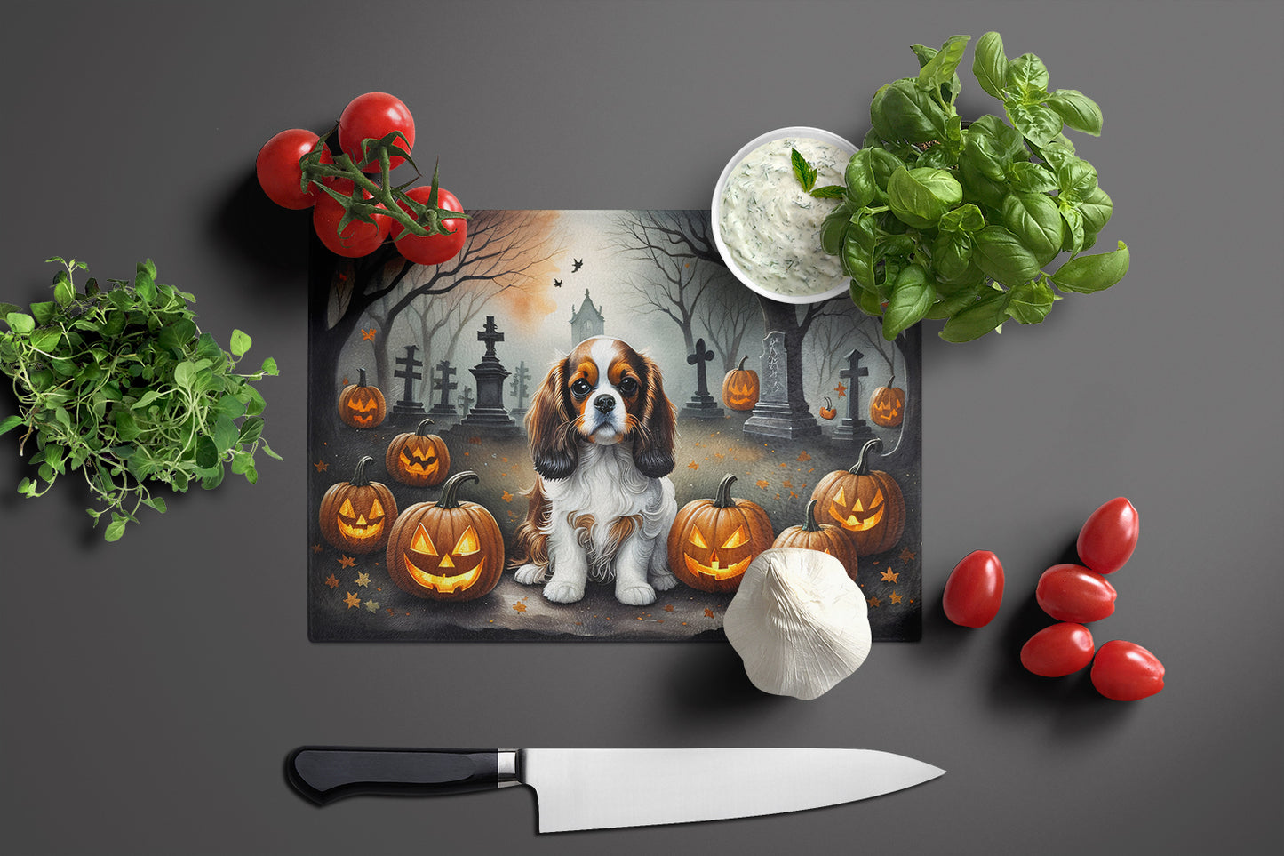 Cavalier Spaniel Spooky Halloween Glass Cutting Board