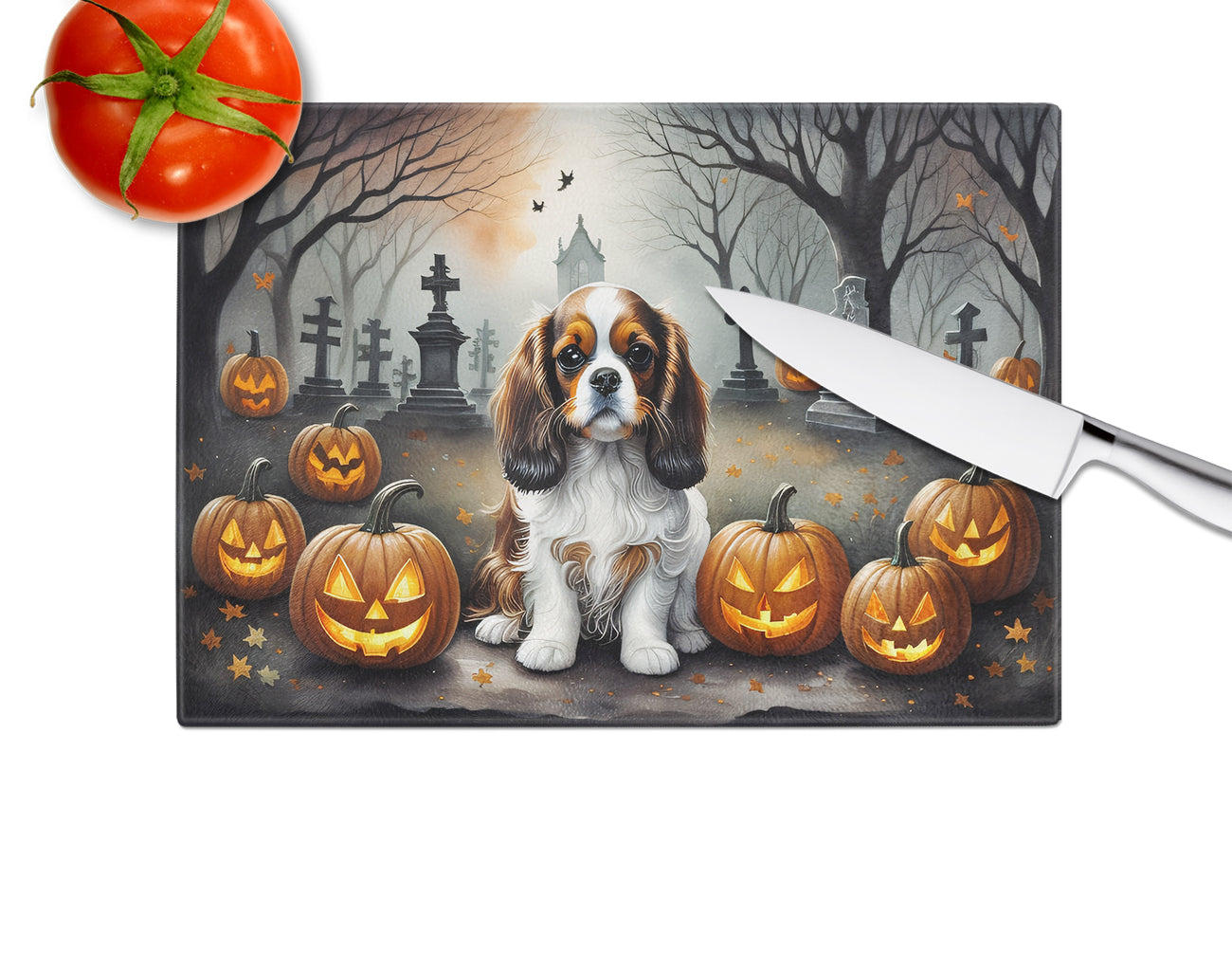 Cavalier Spaniel Spooky Halloween Glass Cutting Board