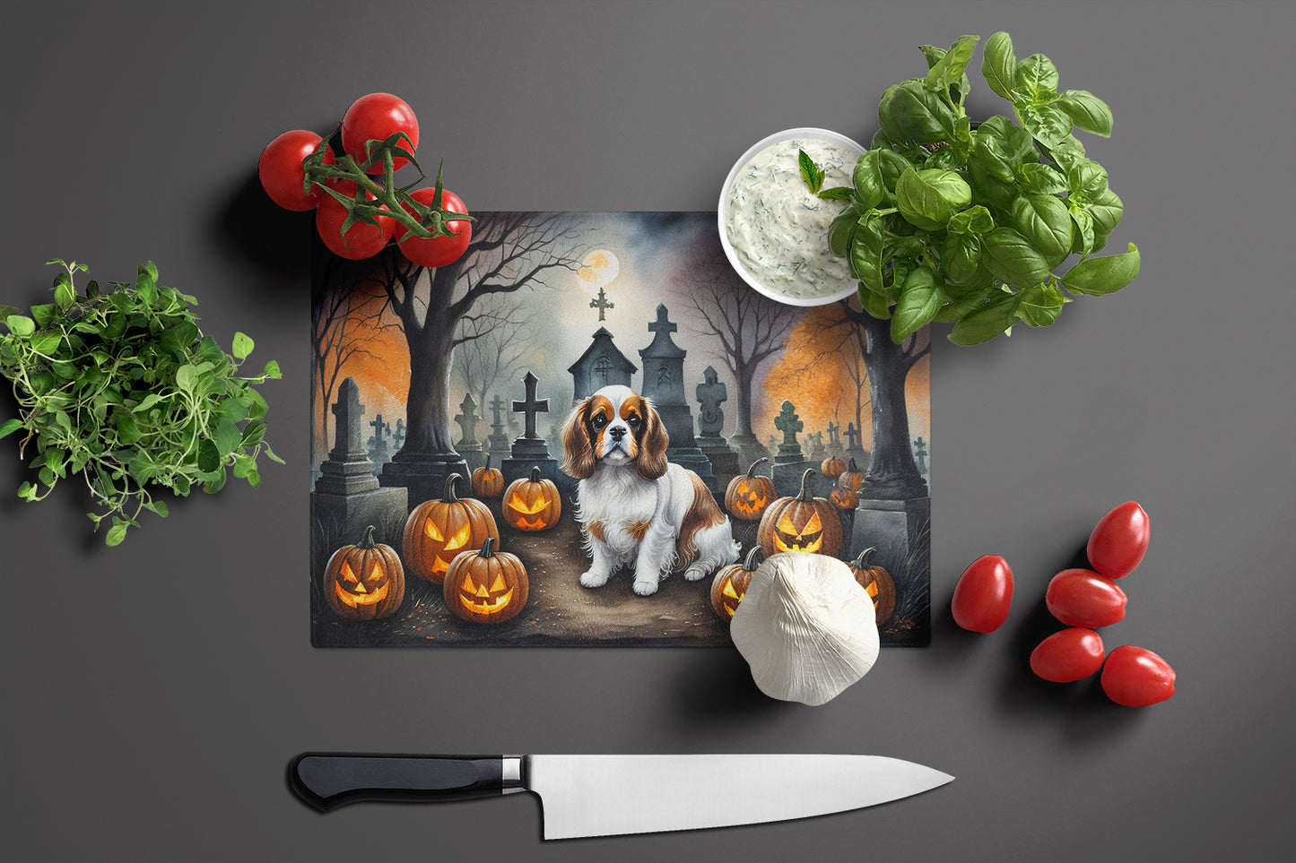 Cavalier Spaniel Spooky Halloween Glass Cutting Board