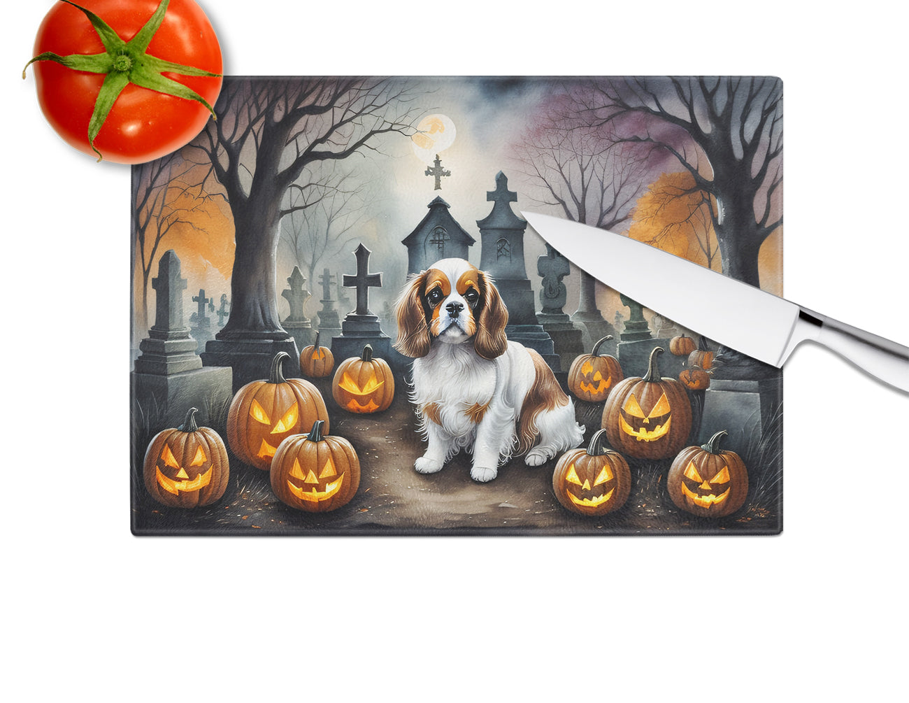 Cavalier Spaniel Spooky Halloween Glass Cutting Board