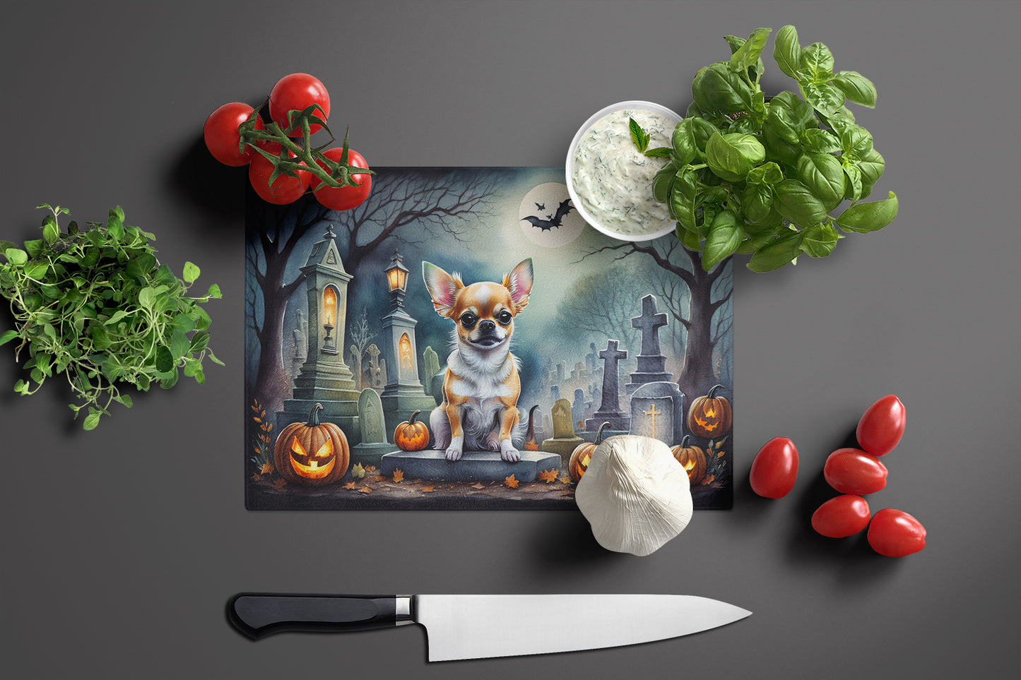 Chihuahua Spooky Halloween Glass Cutting Board