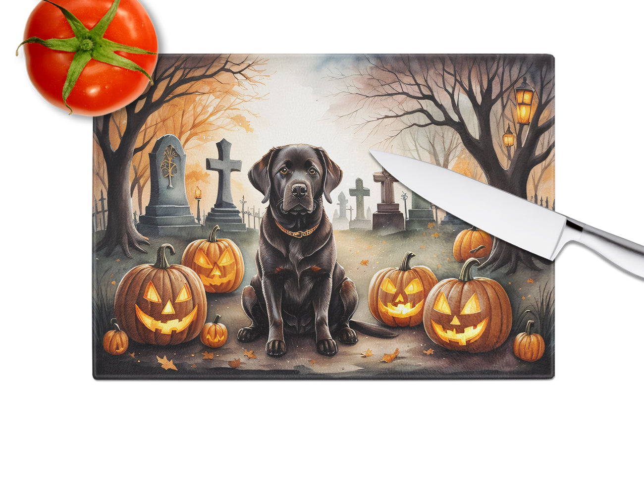 Chocolate Labrador Retriever Spooky Halloween Glass Cutting Board