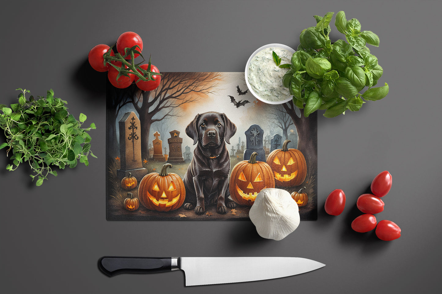 Chocolate Labrador Retriever Spooky Halloween Glass Cutting Board