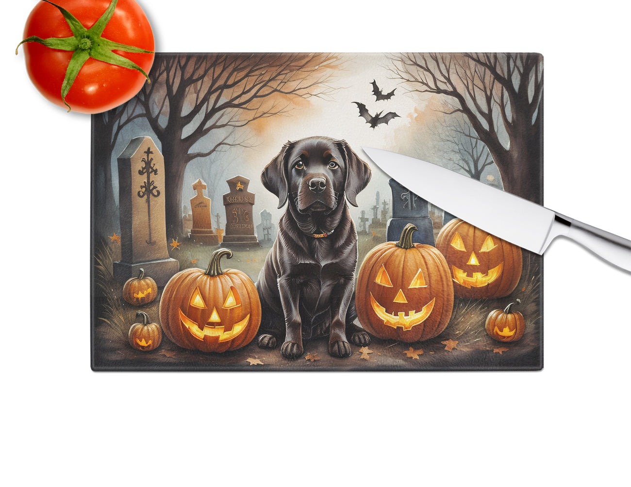 Chocolate Labrador Retriever Spooky Halloween Glass Cutting Board