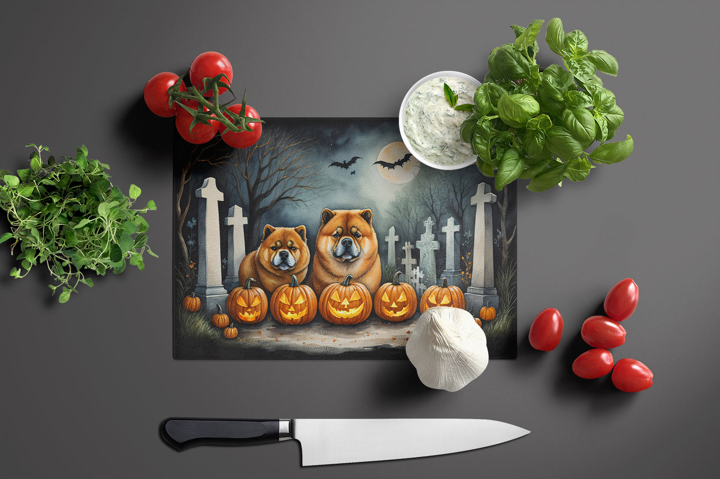 Chow Chow Spooky Halloween Glass Cutting Board