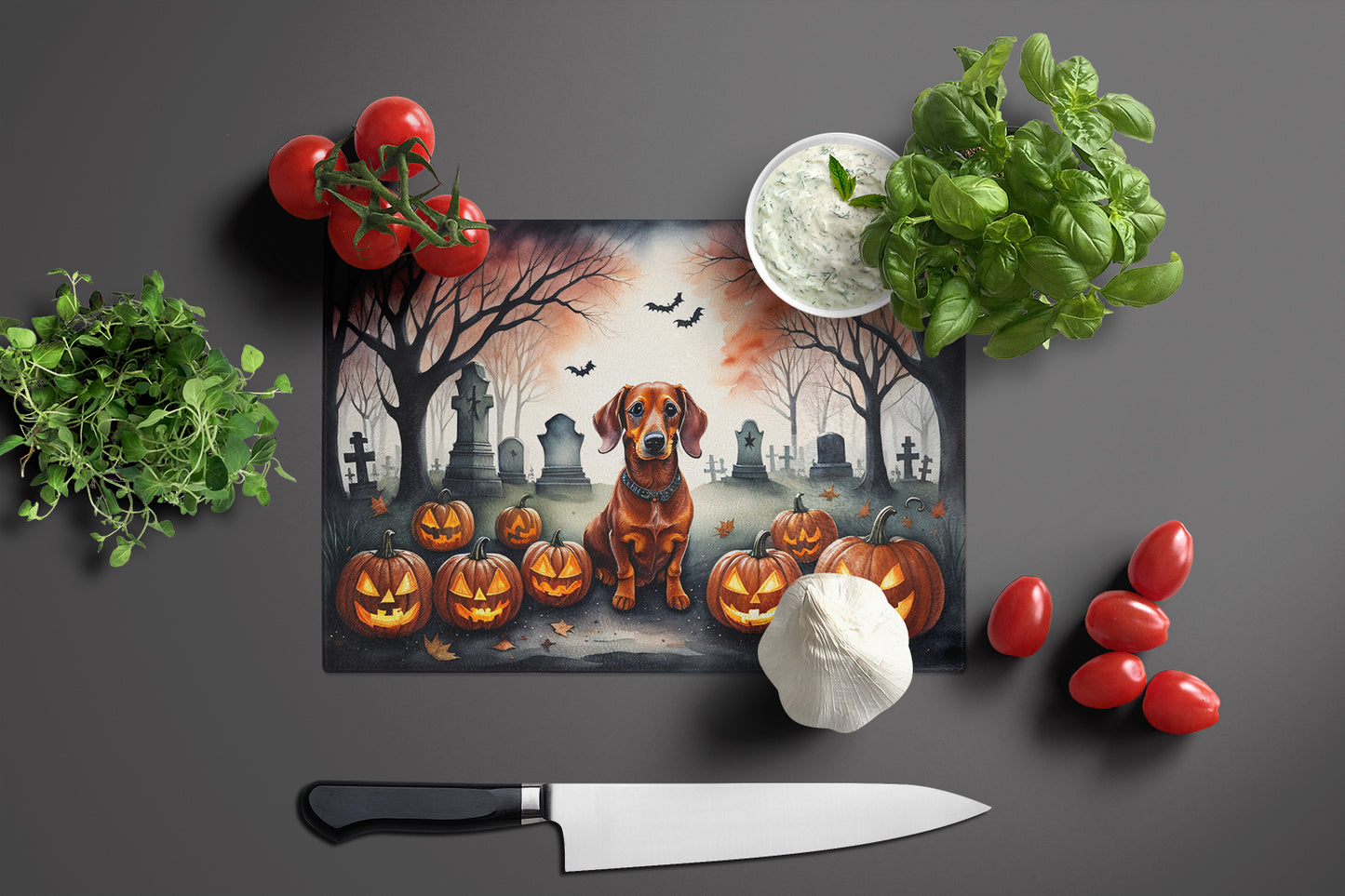 Dachshund Spooky Halloween Glass Cutting Board