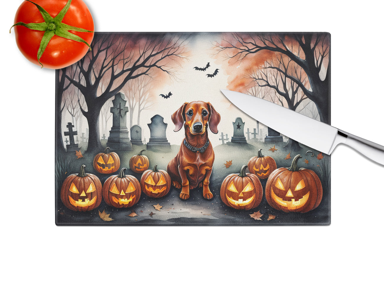 Dachshund Spooky Halloween Glass Cutting Board