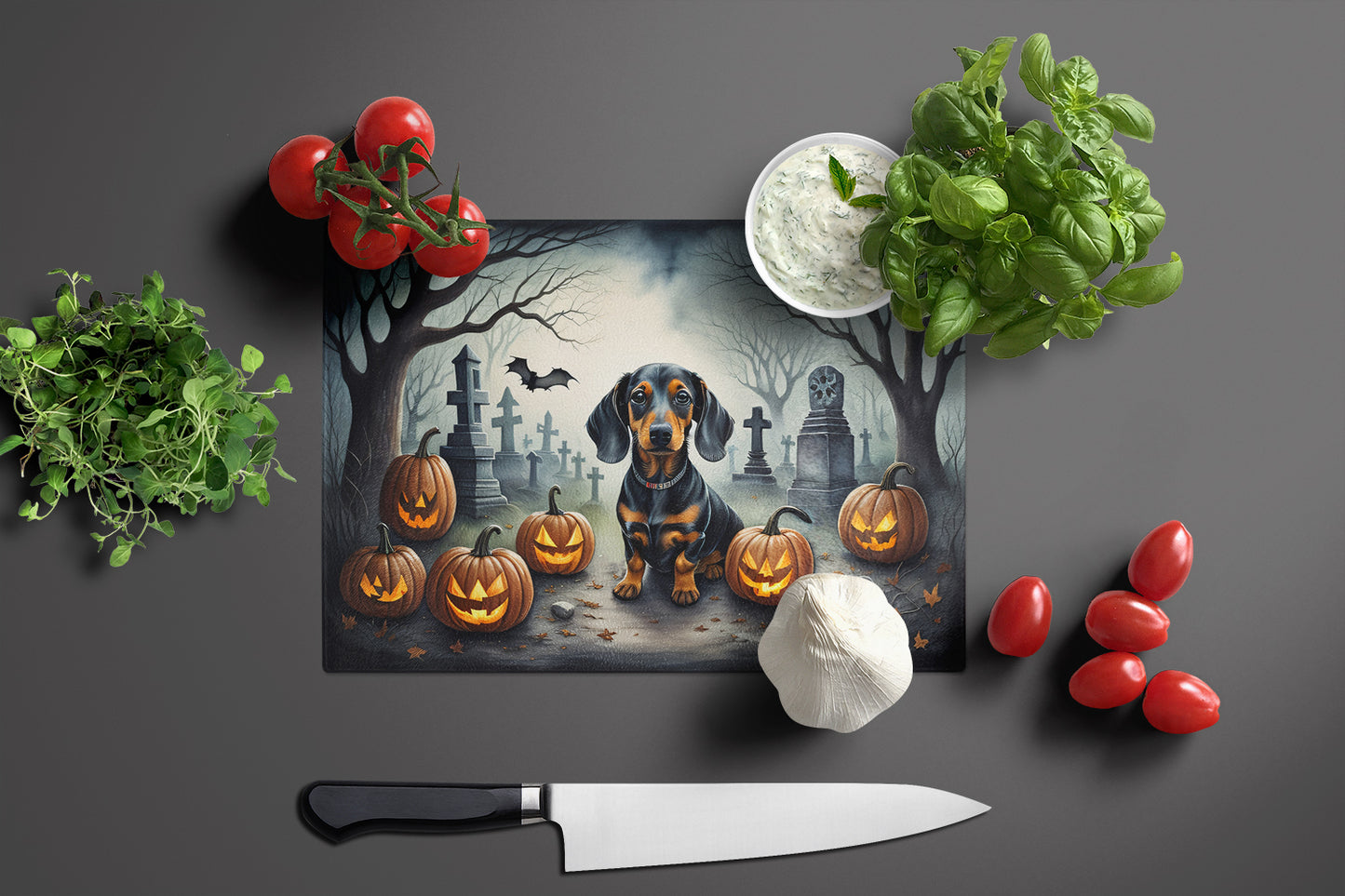 Dachshund Spooky Halloween Glass Cutting Board