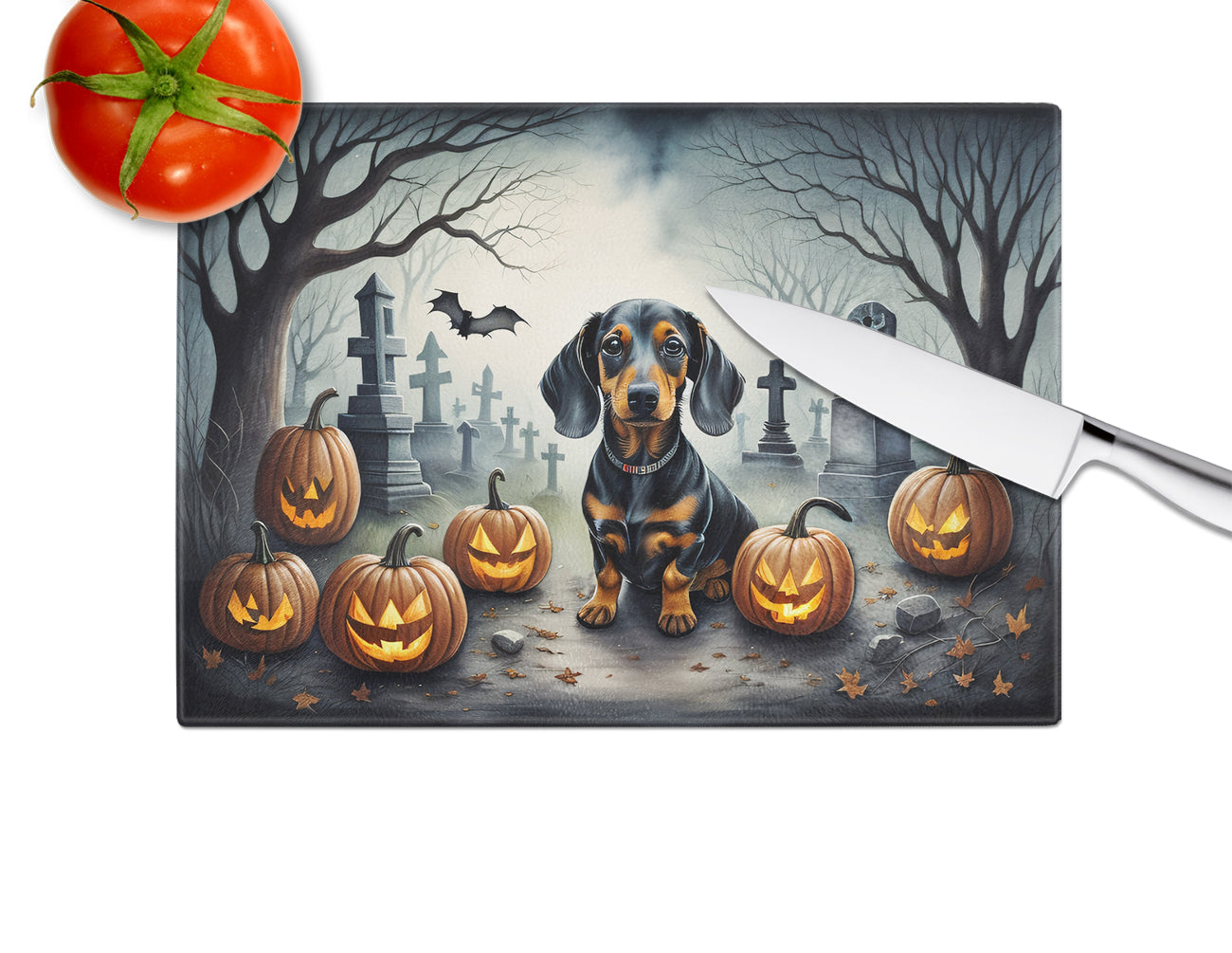 Dachshund Spooky Halloween Glass Cutting Board