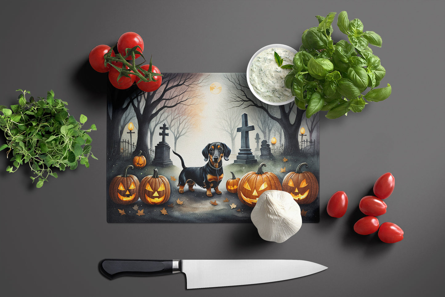 Dachshund Spooky Halloween Glass Cutting Board