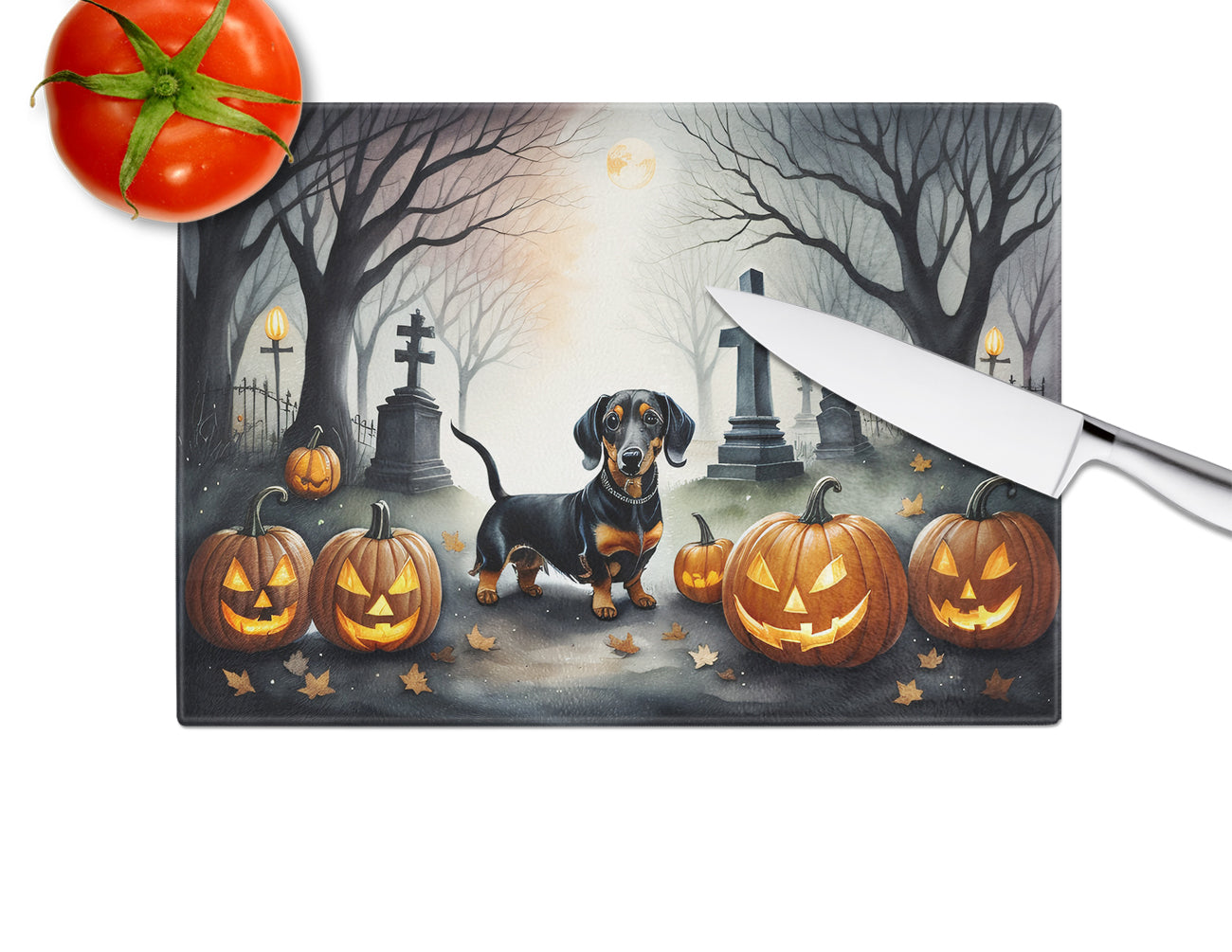 Dachshund Spooky Halloween Glass Cutting Board