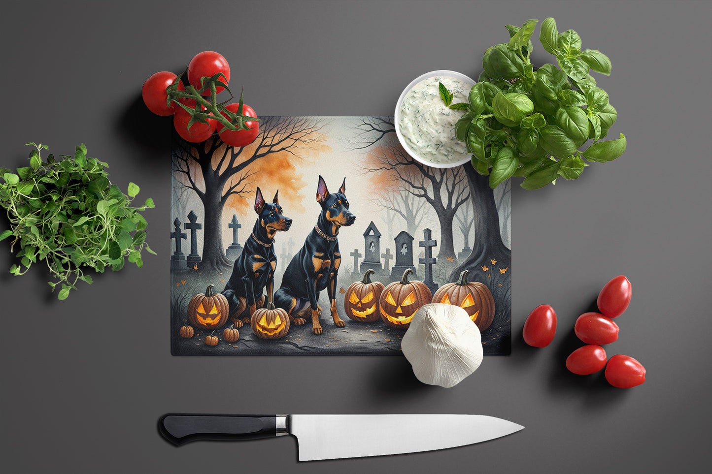 Doberman Pinscher Spooky Halloween Glass Cutting Board