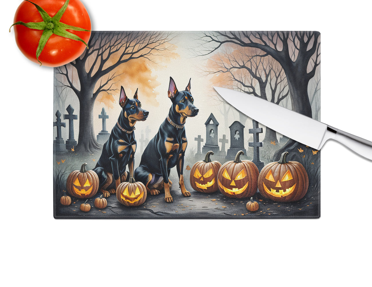 Doberman Pinscher Spooky Halloween Glass Cutting Board